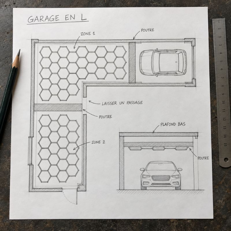 Plafond bas, poutres, garage en L : poser des hexagones quand la pièce n'est pas un rectangle