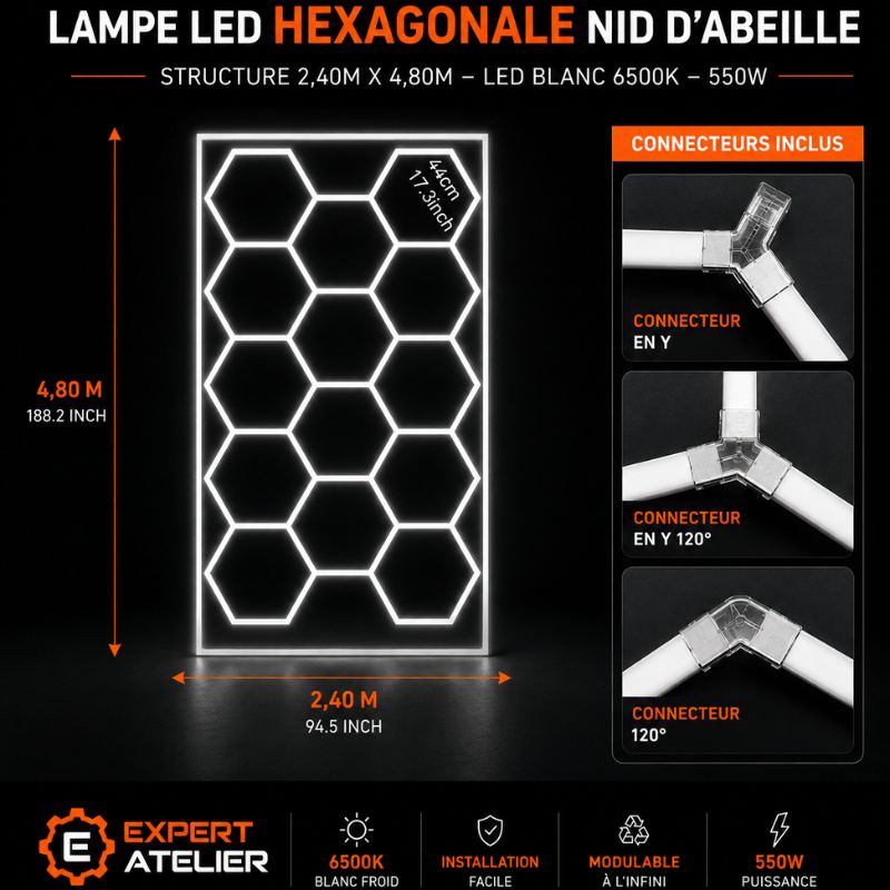 Éclairage plafond LED 14 Hexagones GSX™ - 2,40 m x 4,80 m – 550W blanc 6500K – cadre au choix