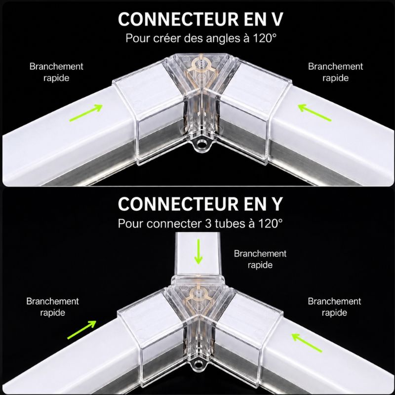 V-connector for two tubes and Y-connector for three tubes, 120-degree angles