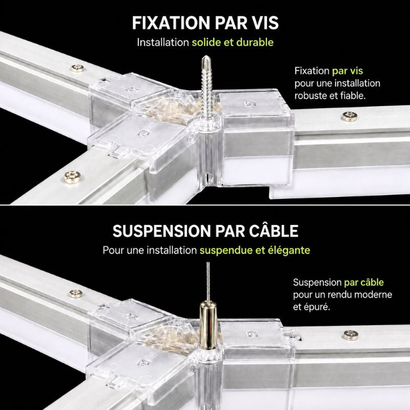 Screw fixing to the ceiling or suspension by steel cable