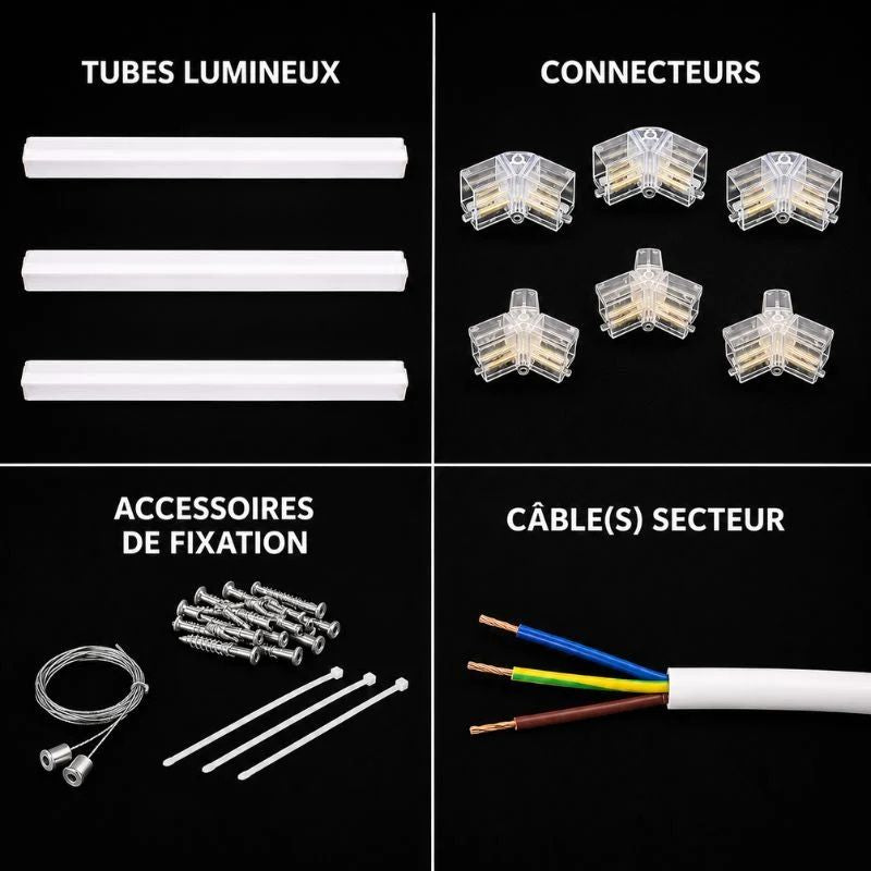 Kit contents: light tubes, connectors, mounting accessories, and power cable