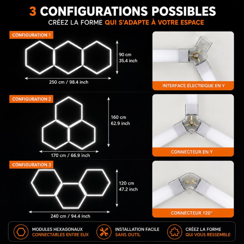 Éclairage plafond LED 3 Hexagones GSX™ - 130W - 6500K - 3 configurations possibles