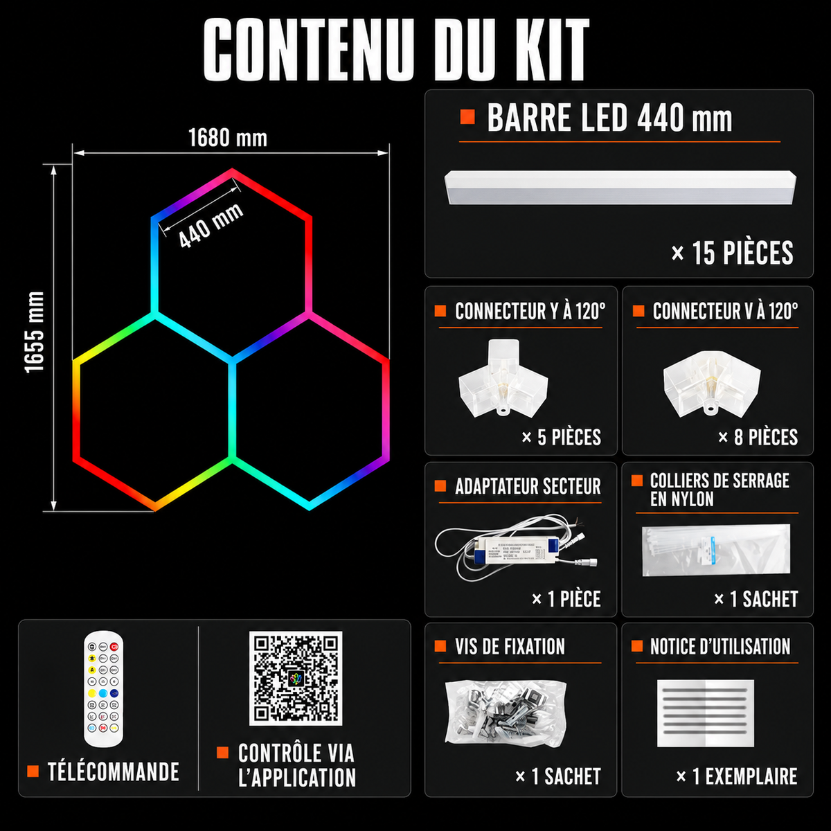 Plafonnier LED Hexagonal RGB Nid d'Abeille 3 Modules 1,68 m x 1,66 m – RGB connecté