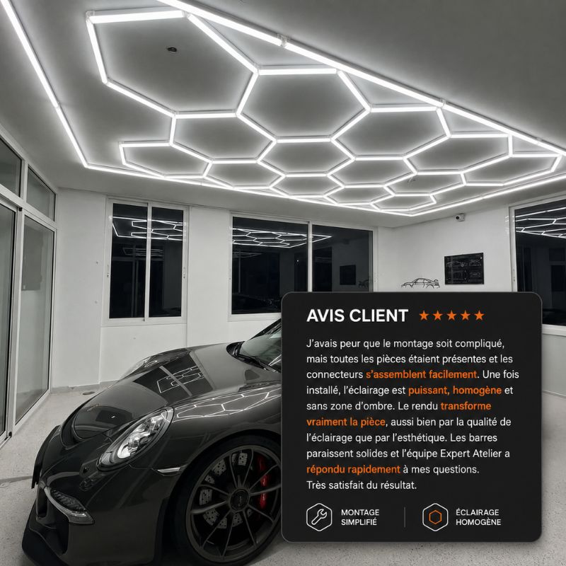 Éclairage plafond LED 14 Hexagones GSX™ - 2,40 m x 4,80 m – 550W blanc 6500K – cadre au choix