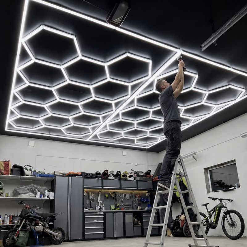 Éclairage plafond LED 14 Hexagones GSX™ - 2,40 m x 4,80 m – 550W blanc 6500K – cadre au choix