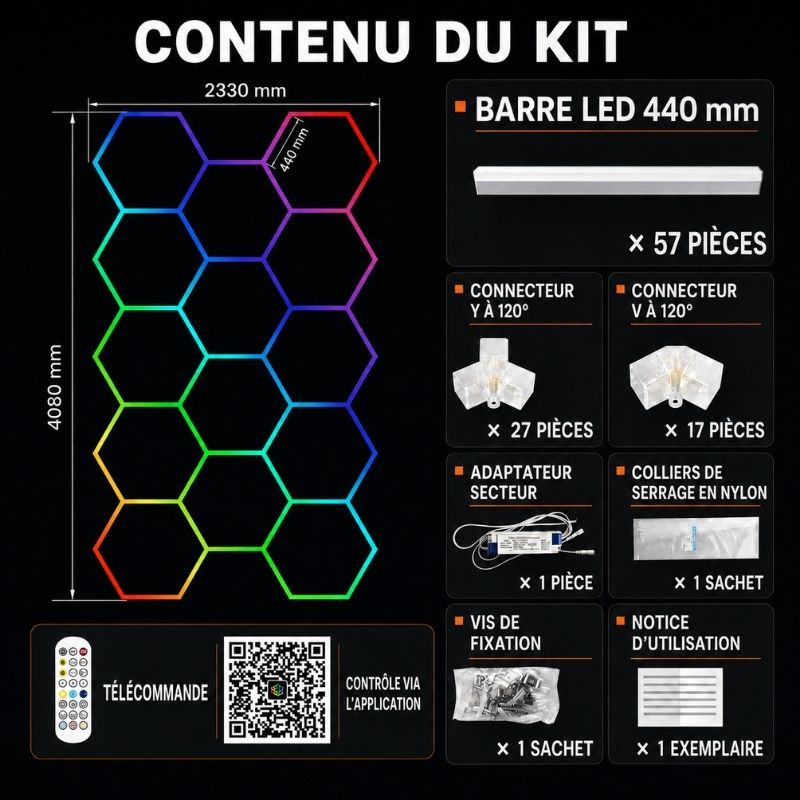 Hexagonal RGB LED Ceiling Light Honeycomb 14 Modules 2.33 m x 4.08 m – Connected RGB