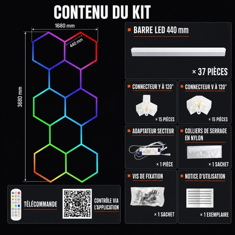 Plafonnier LED Hexagonal RGB Nid d'Abeille 8 Modules 1,68 m x 3,68 m – RGB connecté