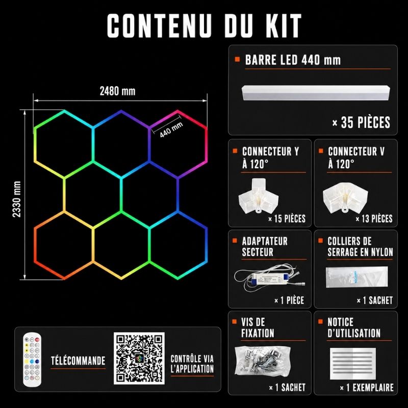 Hexeli™ RGB Honeycomb Hexagonal LED Ceiling Light, 8 Modules - 2.48 m x 2.33 m – Connected RGB