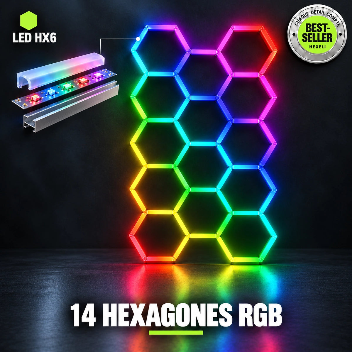 Plafonnier LED Hexagonal RGB Nid d'Abeille 14 Modules 2,33 m x 4,08 m – RGB connecté