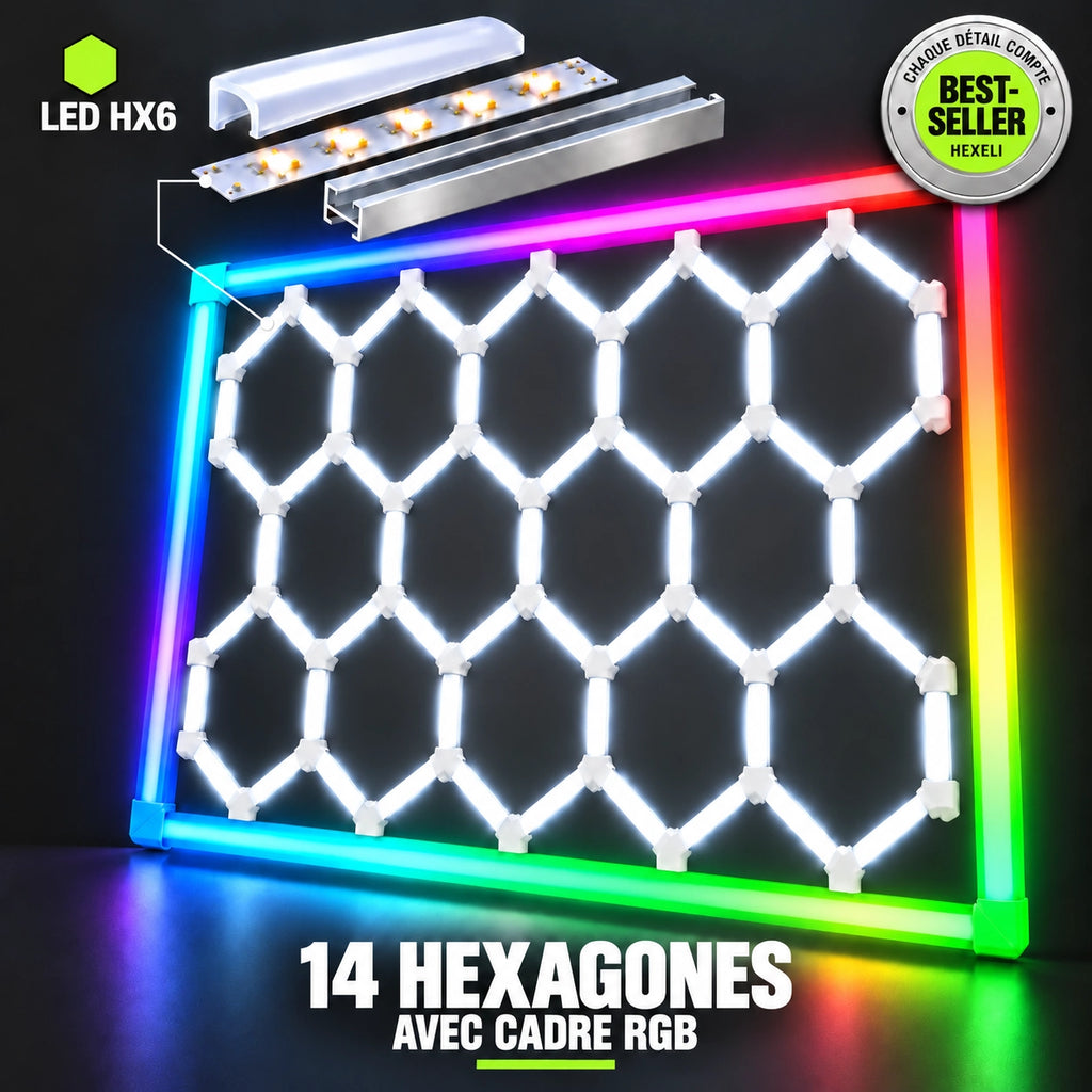 Hexagon LED Garage Lights – 14-Hexagon Kit with Frame – 7.9 × 15.7 ft – 672 W