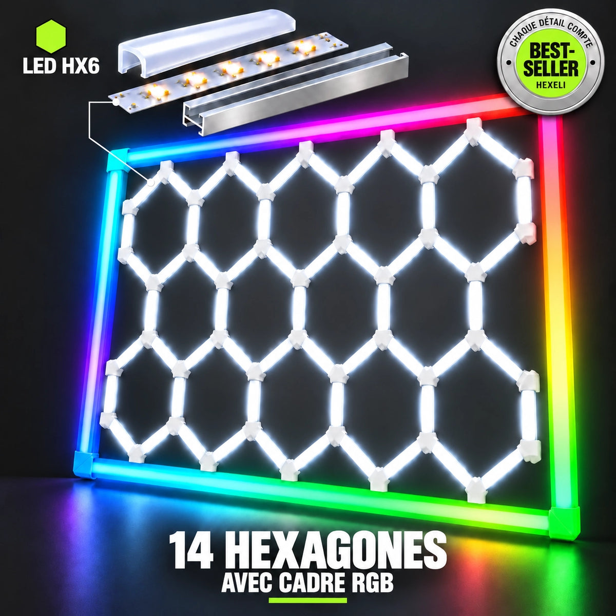 Hexagon LED Garage Lights – 14-Hexagon Kit with Frame – 7.9 × 15.7 ft – 672 W