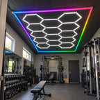 Hexagon LED Garage Lights – 14-Hexagon Kit with Frame – 7.9 × 15.7 ft – 672 W
