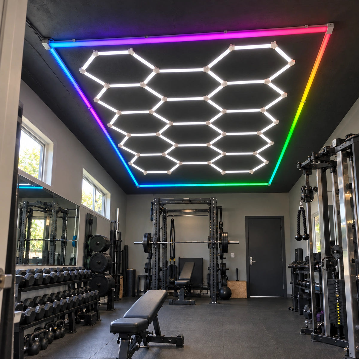 Hexagon LED Garage Lights – 14-Hexagon Kit with Frame – 7.9 × 15.7 ft – 672 W