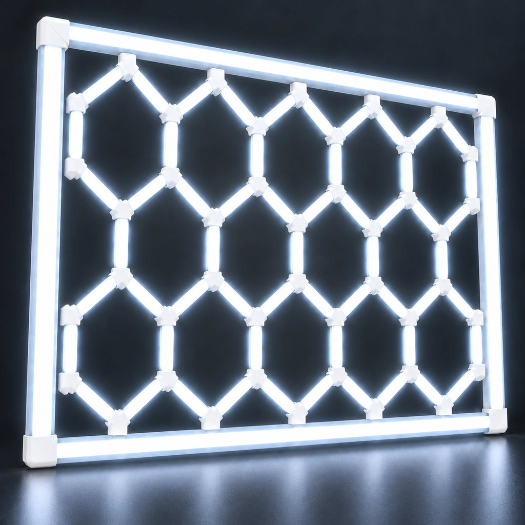 Hexagon LED Garage Lights – 14-Hexagon Kit with Frame – 7.9 × 15.7 ft – 672 W