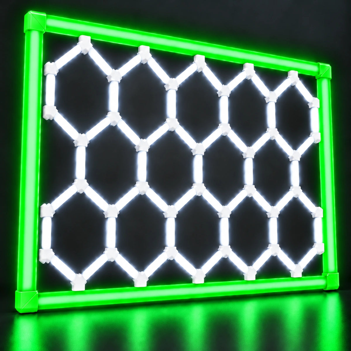 Éclairage LED 14 hexagones avec cadre au choix – 2,40 × 4,80 m – 672 W