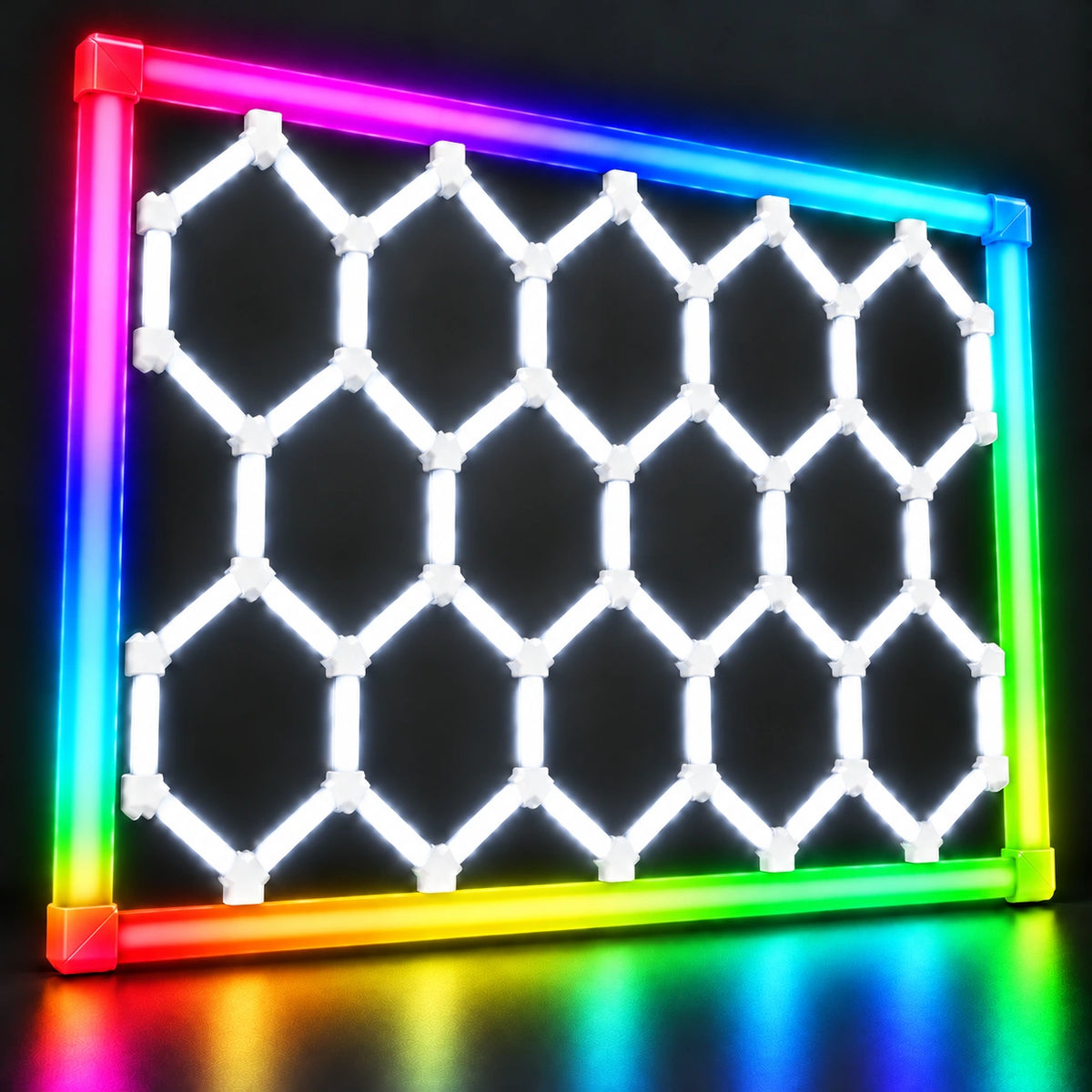 Éclairage LED 14 hexagones avec cadre au choix – 2,40 × 4,80 m – 672 W