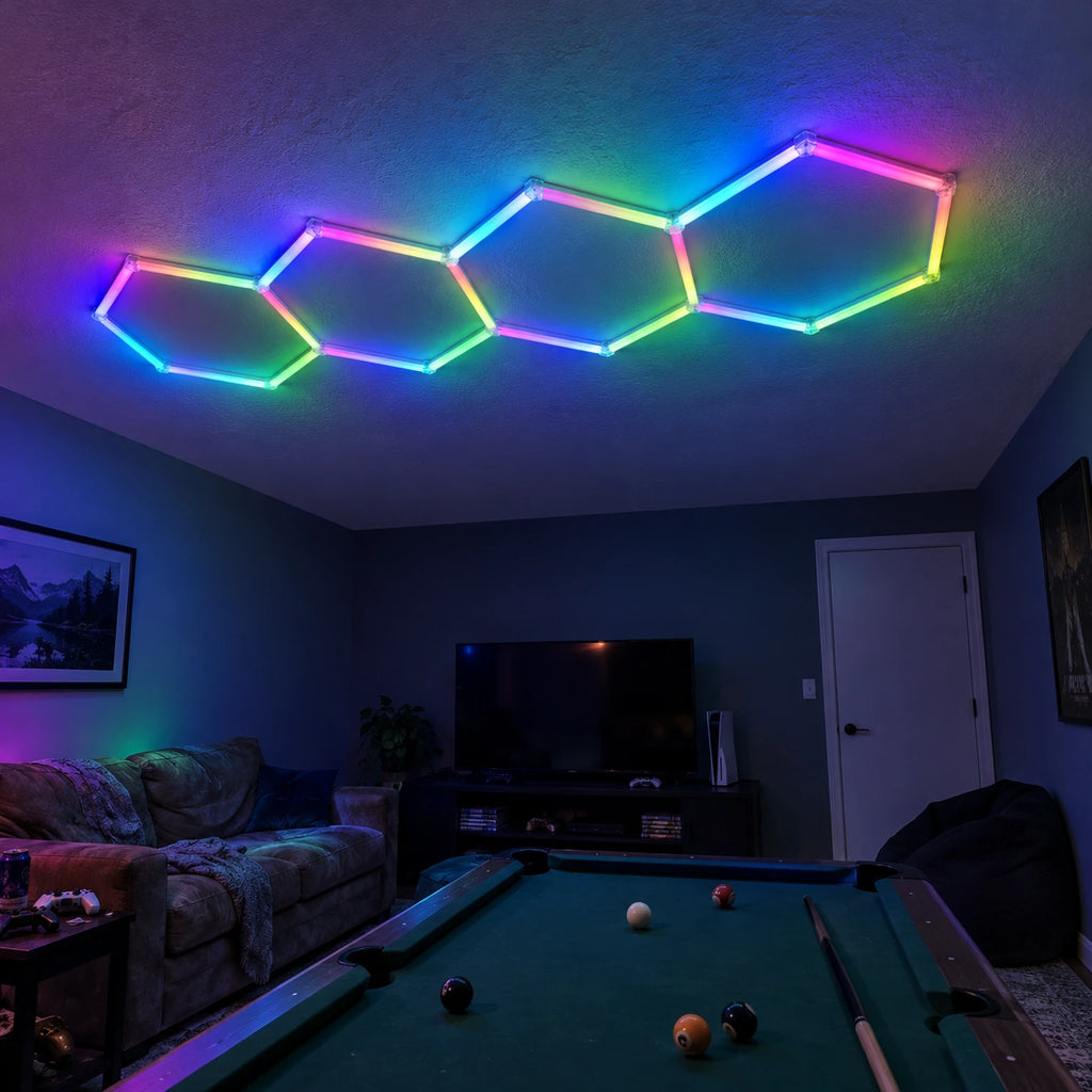 Éclairage LED 4 Hexagones RGB en ligne - 3,39 m x 1,02 m