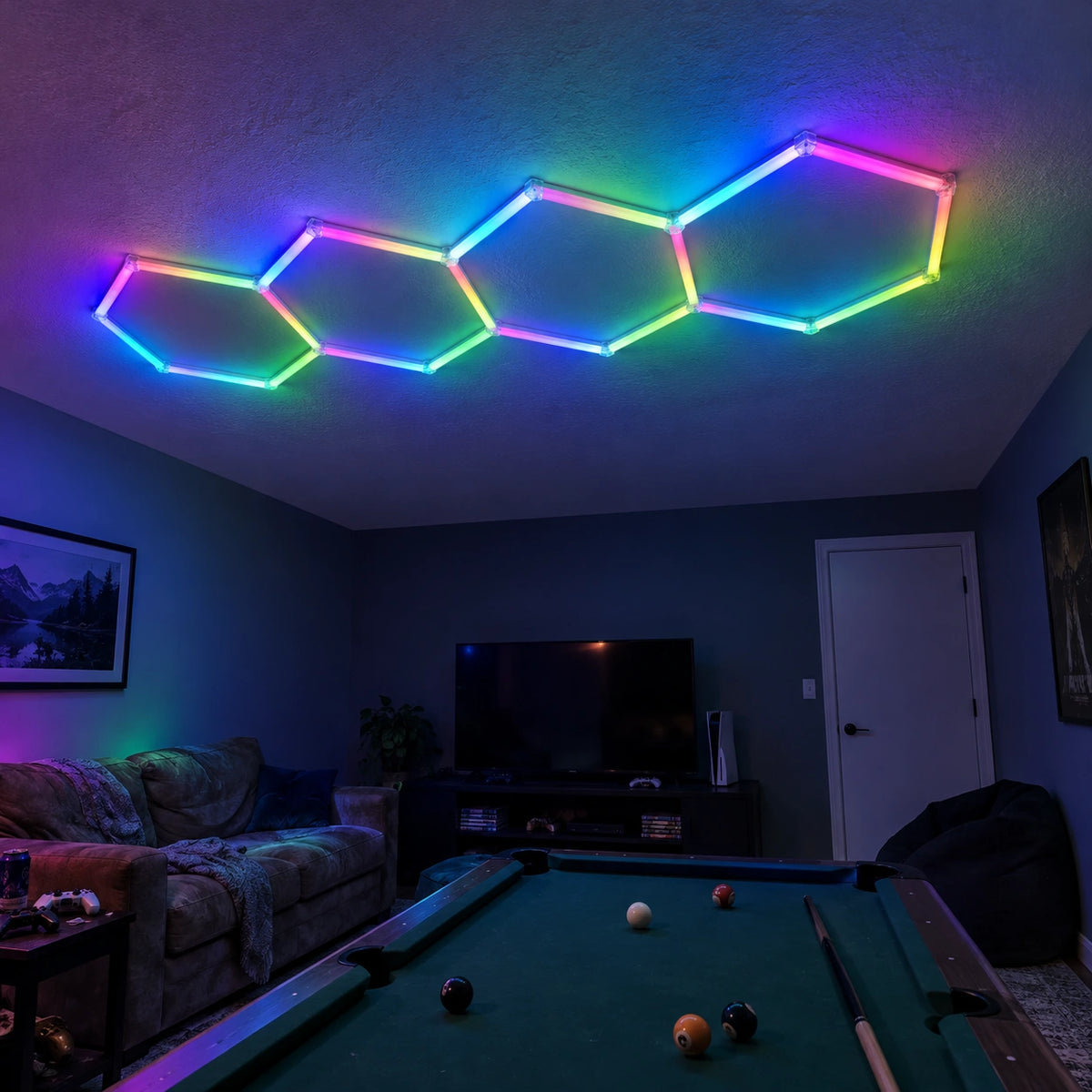 Éclairage LED 4 Hexagones RGB en ligne - 3,39 m x 1,02 m