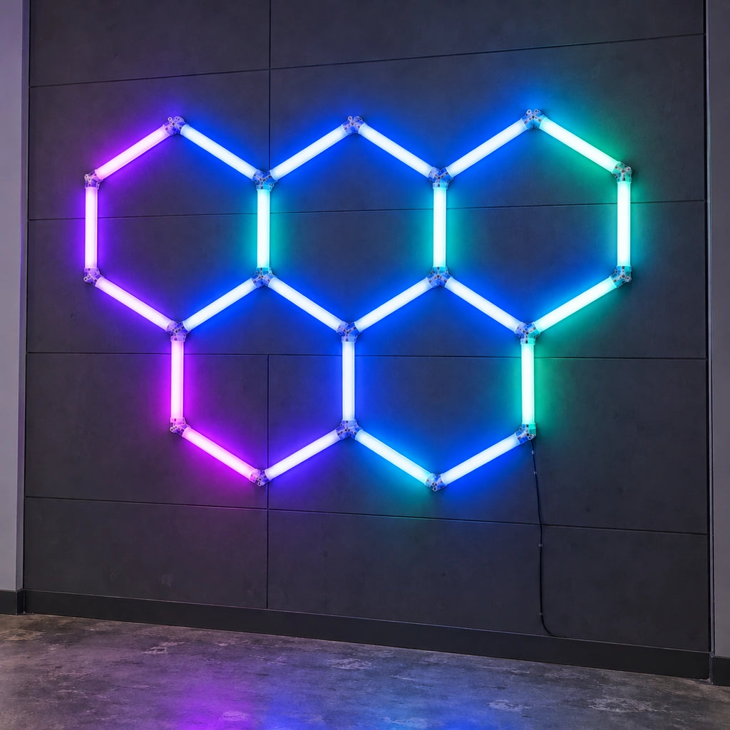 Éclairage LED 5 Hexagones RGB en grappe - 2,55 m x 1,72 m