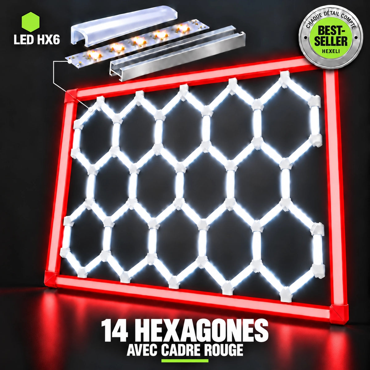 Hexagon LED Garage Lights – 14-Hexagon Kit with Frame – 7.9 × 15.7 ft – 672 W