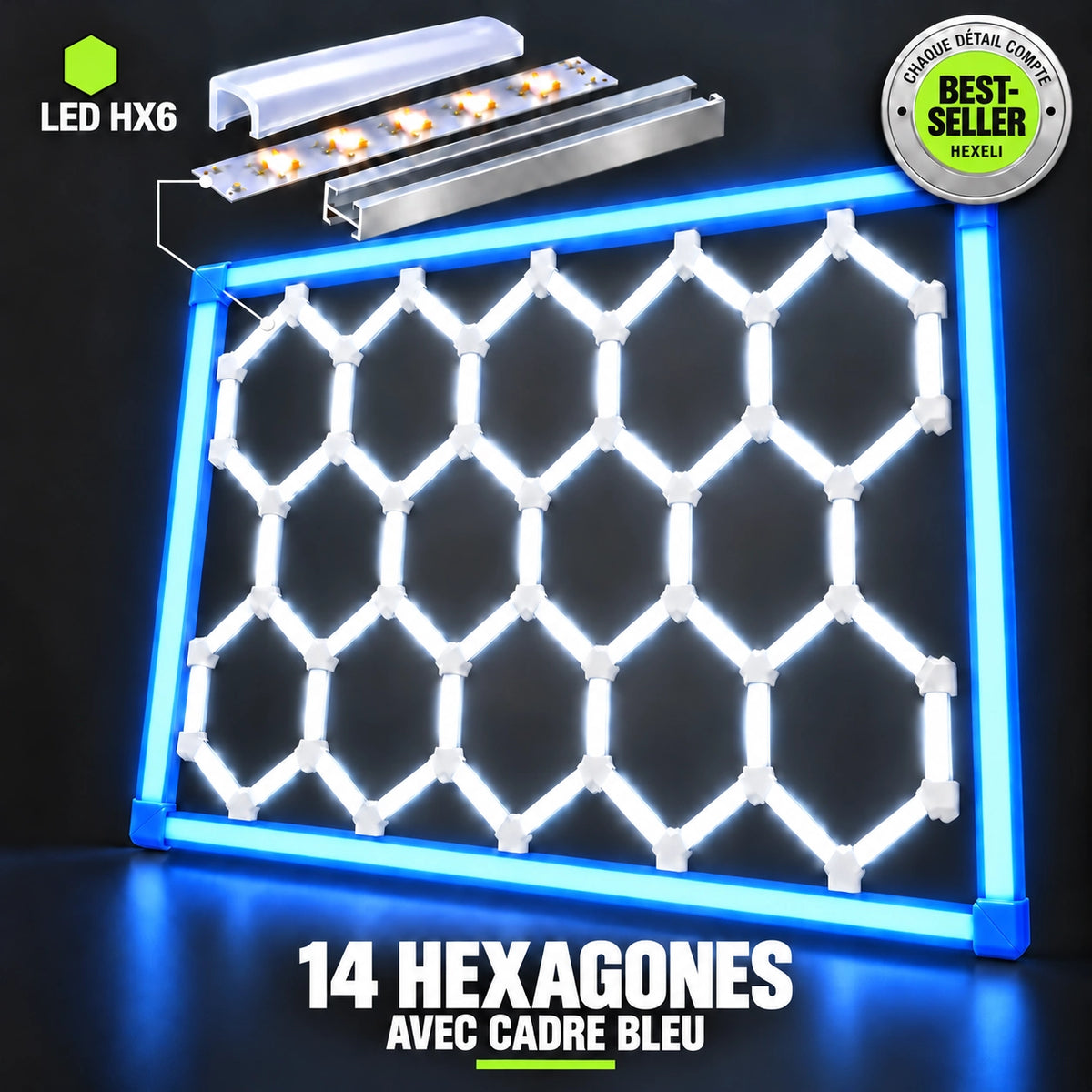 Hexagon LED Garage Lights – 14-Hexagon Kit with Frame – 7.9 × 15.7 ft – 672 W
