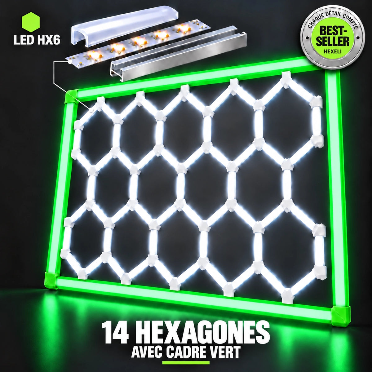 Hexagon LED Garage Lights – 14-Hexagon Kit with Frame – 7.9 × 15.7 ft – 672 W