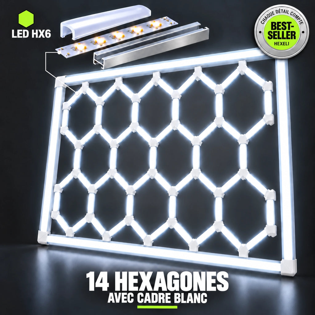 Hexagon LED Garage Lights – 14-Hexagon Kit with Frame – 7.9 × 15.7 ft – 672 W