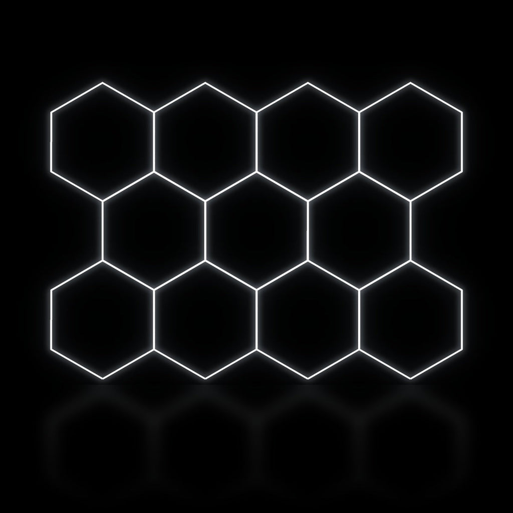 Éclairage LED hexagonal nid d'abeille 11 modules 3,30 x 2,41 m, blanc dimmable ou 3 couleurs, garage et atelier