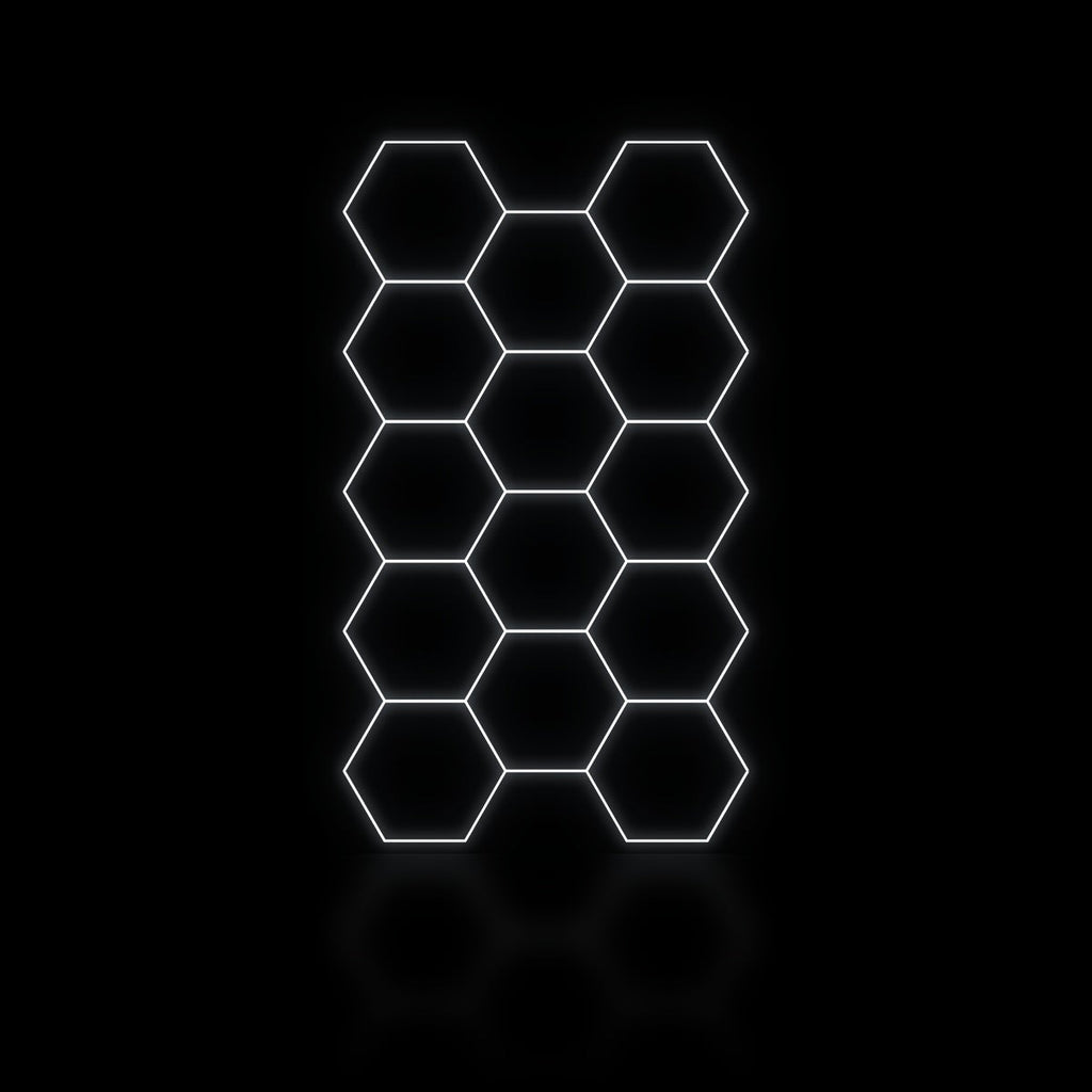 Éclairage LED hexagonal nid d'abeille 14 modules en couloir 2,41 x 4,15 m, blanc dimmable ou 3 couleurs, garage et atelier
