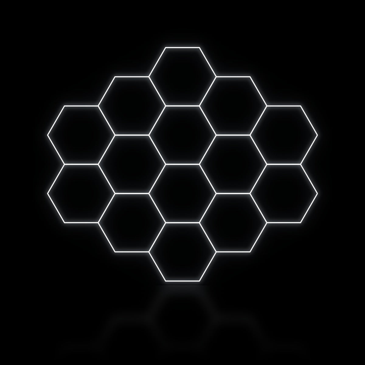 Éclairage LED hexagonal nid d'abeille 14 modules en grande trame 3,90 x 3,40 m, blanc dimmable ou 3 couleurs, showroom