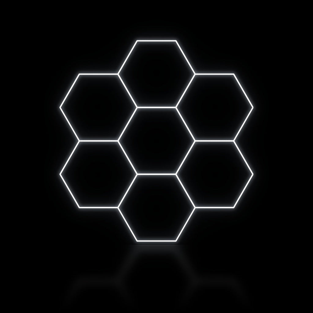 Éclairage LED hexagonal 7 modules en rosace 2,40 x 2,40 m, blanc dimmable ou 3 couleurs, poste de detailing