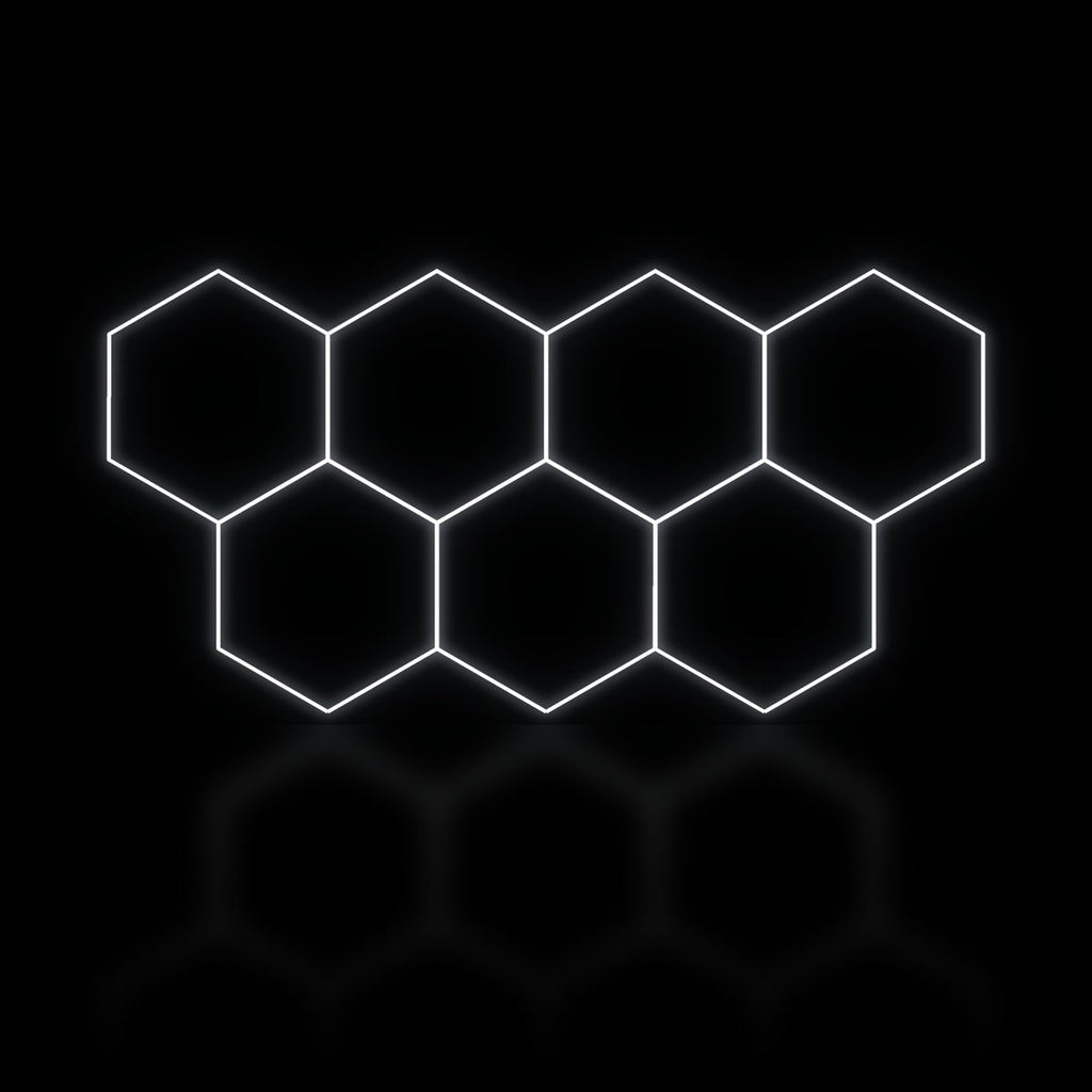Éclairage LED hexagonal 7 modules en trame resserrée 3,30 x 1,70 m, blanc dimmable ou 3 couleurs, atelier detailing