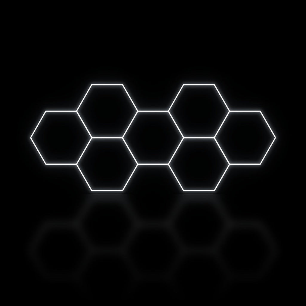 Éclairage LED hexagonal nid d'abeille 7 modules en bande longue 3,90 x 1,70 m, blanc dimmable ou 3 couleurs, garage et atelier