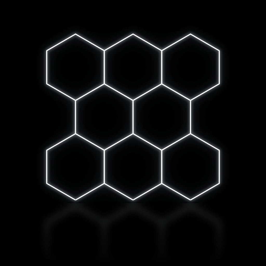 Éclairage LED hexagonal 8 modules en bloc compact 2,50 x 2,40 m, blanc dimmable ou 3 couleurs, poste de detailing