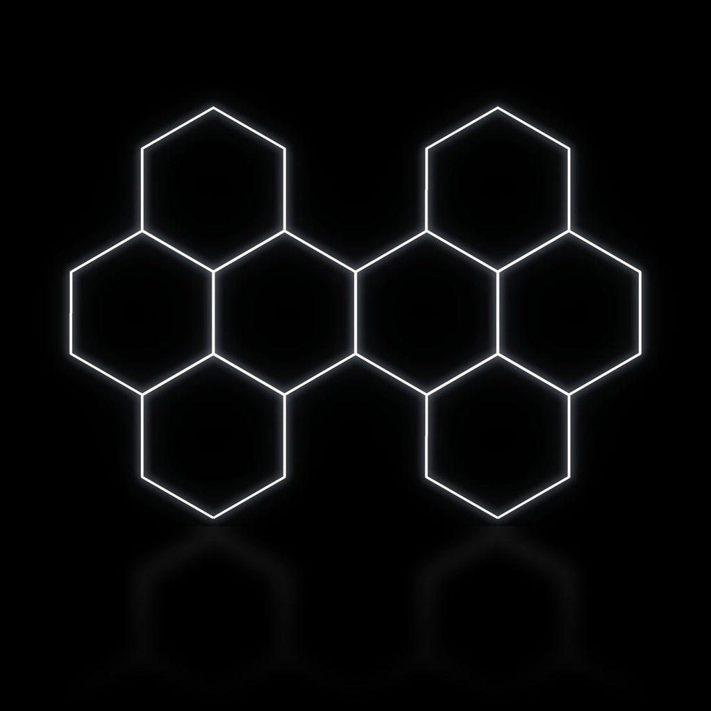 Éclairage LED hexagonal 8 modules en trame quinconce 3,20 x 2,40 m, blanc dimmable ou 3 couleurs, box de garage