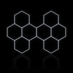 Éclairage LED hexagonal 8 modules en trame quinconce 3,20 x 2,40 m, blanc dimmable ou 3 couleurs, box de garage