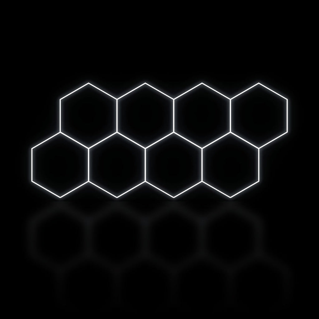 Éclairage LED hexagonal 8 modules en bande décalée 3,70 x 1,60 m, blanc dimmable ou 3 couleurs, atelier detailing