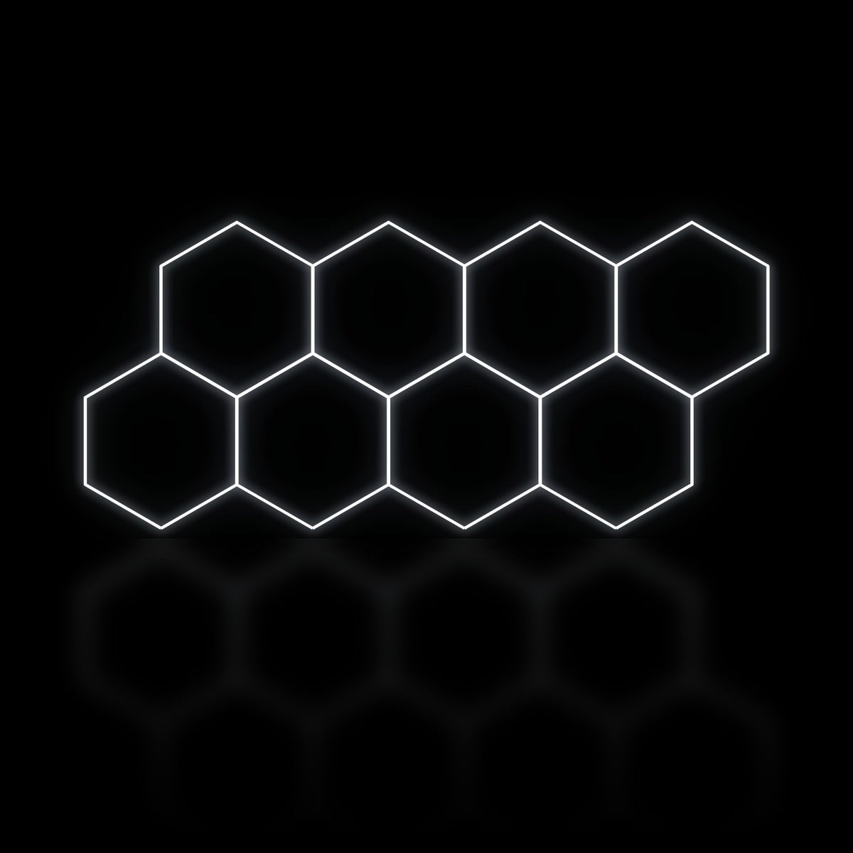 Éclairage LED hexagonal 8 modules en bande décalée 3,70 x 1,60 m, blanc dimmable ou 3 couleurs, atelier detailing
