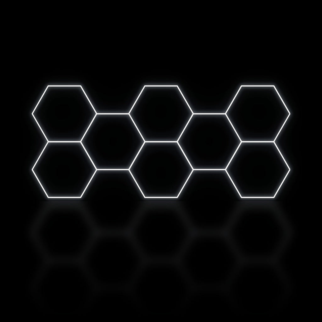 Éclairage LED hexagonal nid d'abeille 8 modules en bande large 3,90 x 1,70 m, blanc dimmable ou 3 couleurs, garage et atelier