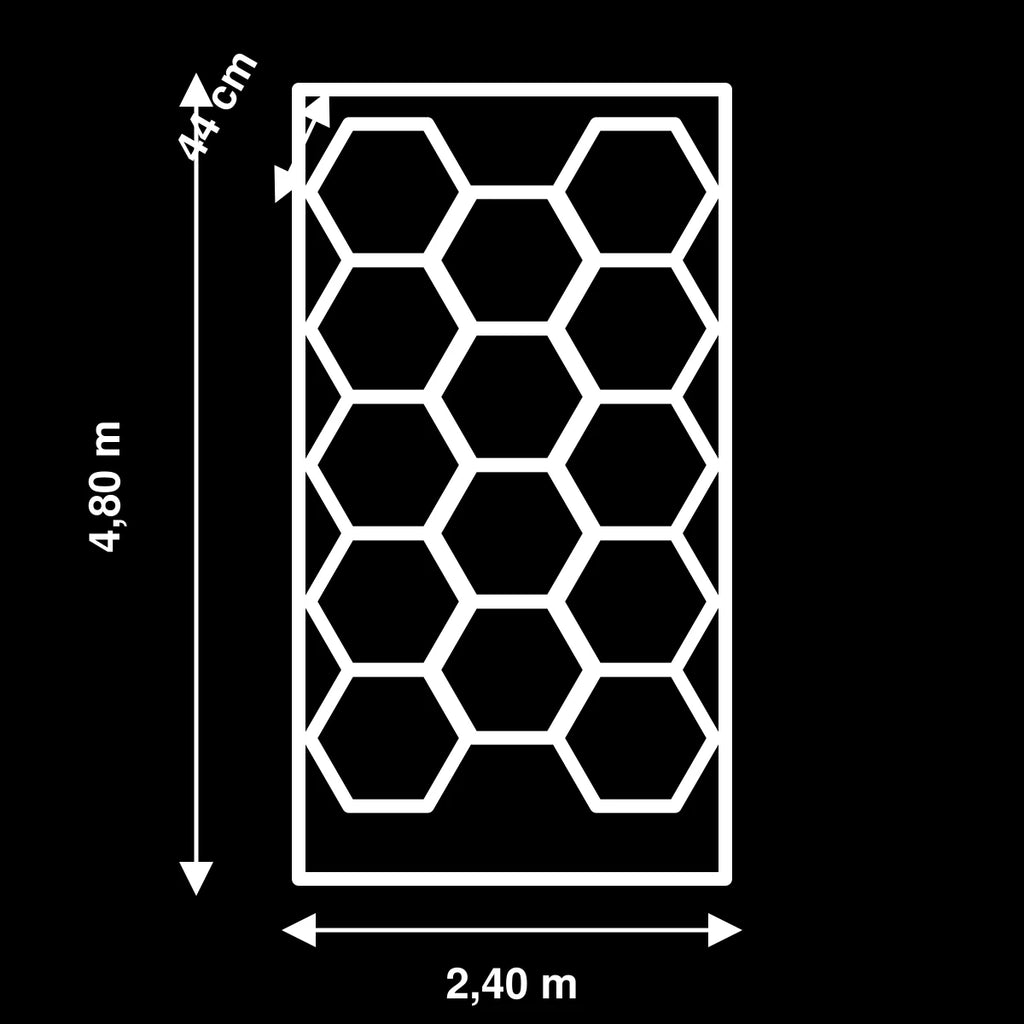 Schéma dimensions kit LED 14 hexagones Hexeli – 2,40 × 4,80 m – côté 44 cm