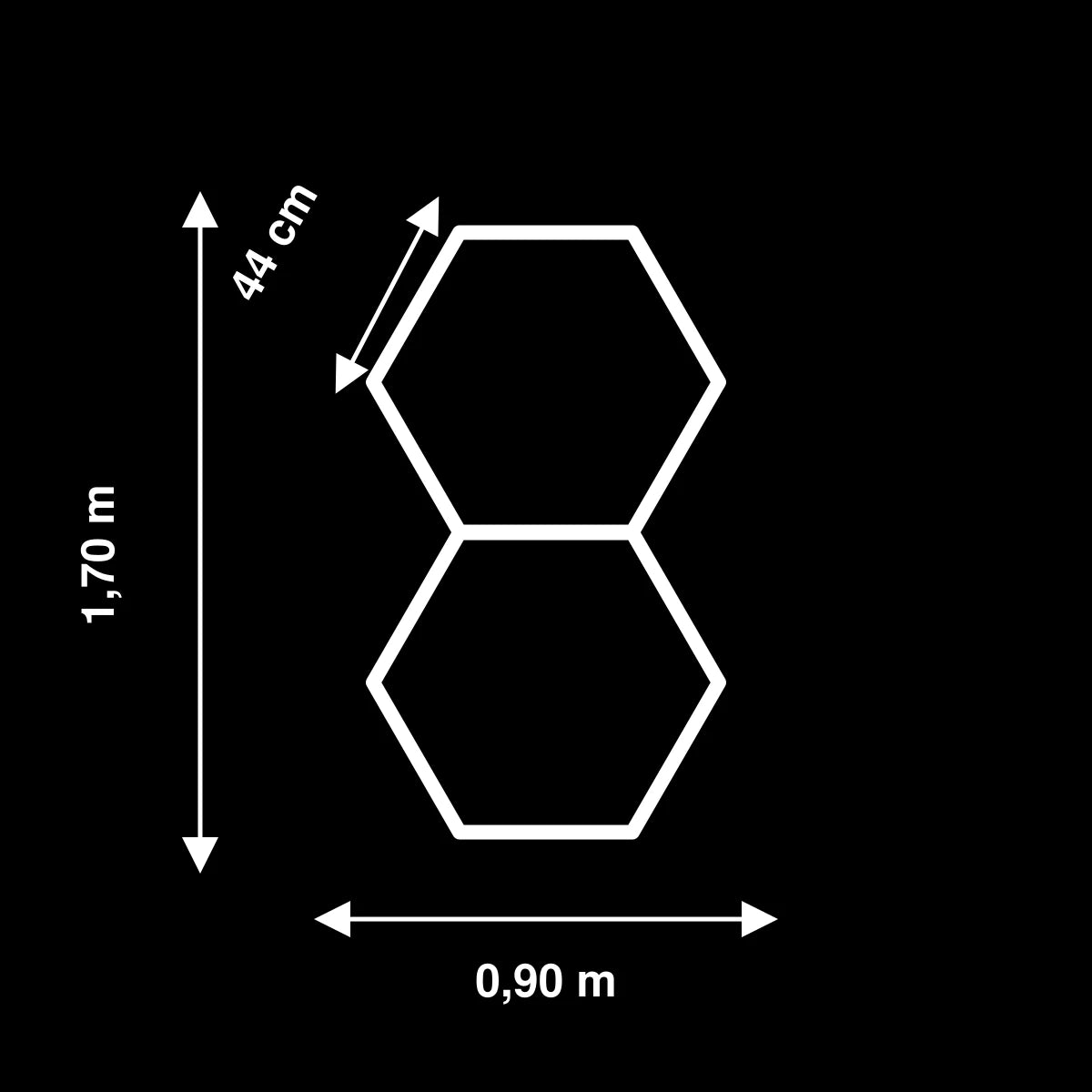Schéma dimensions kit LED 2 hexagones Hexeli – 1,70 × 0,90 m – côté 44 cm