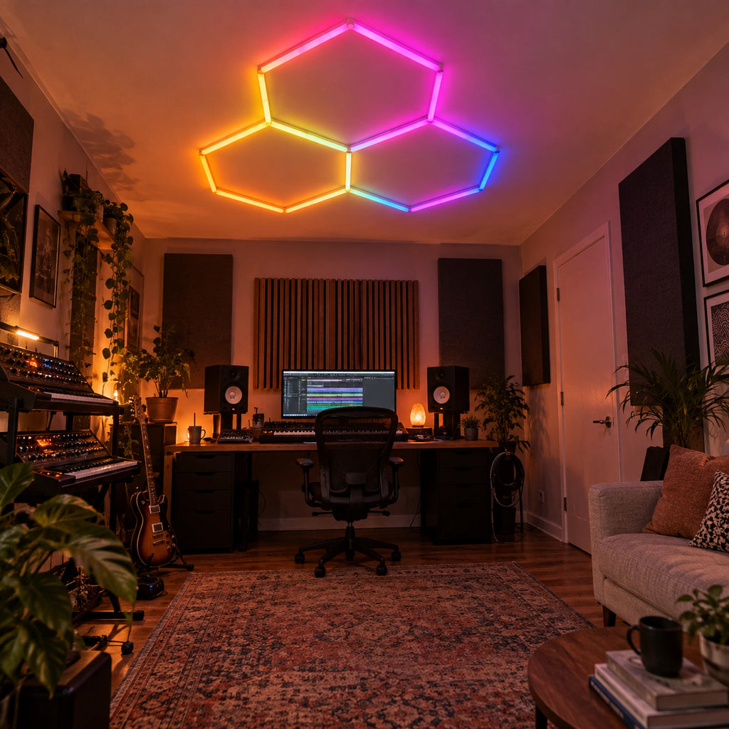 Mise en situation illustrative du kit Plafonnier LED Hexagonal RGB Nid d'Abeille 3 Modules Hexeli™ 1,68 m x 1,66 m – RGB connecté, ambiance RGB studio. Création commerciale, pas une photo de client réel.
