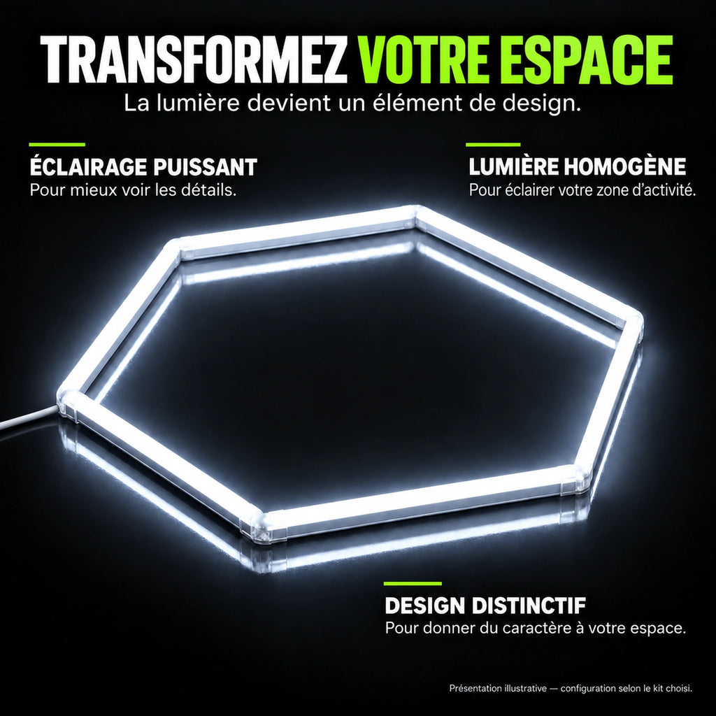 Un hexagone LED allumé et raccordé : éclairage puissant, lumière homogène et design distinctif. Présentation illustrative selon le kit choisi.