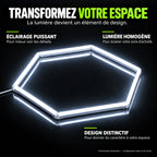 Un hexagone LED allumé et raccordé : éclairage puissant, lumière homogène et design distinctif. Présentation illustrative selon le kit choisi.