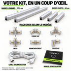 Présentation illustrative du kit Hexeli : barres 44 cm et 117,5 cm, raccords T, coude 45°, Y, croix, manchon droit et coude 90°, câble et manuel. Types et quantités selon le modèle.