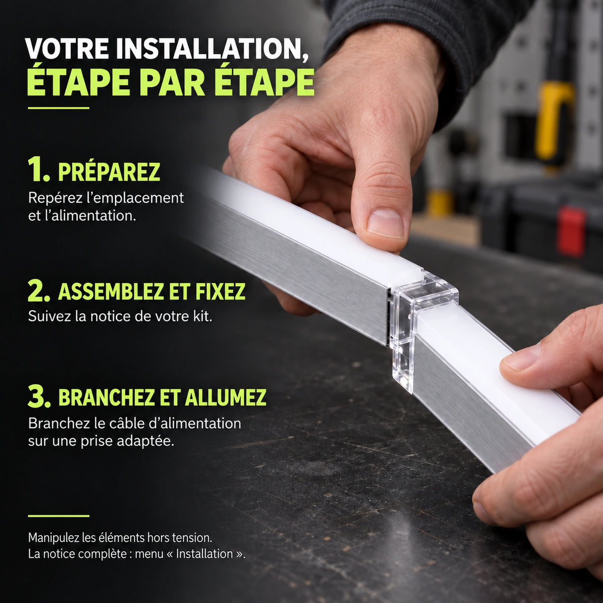 Installation Hexeli : préparez, assemblez et fixez, puis branchez le câble d’alimentation sur une prise adaptée.