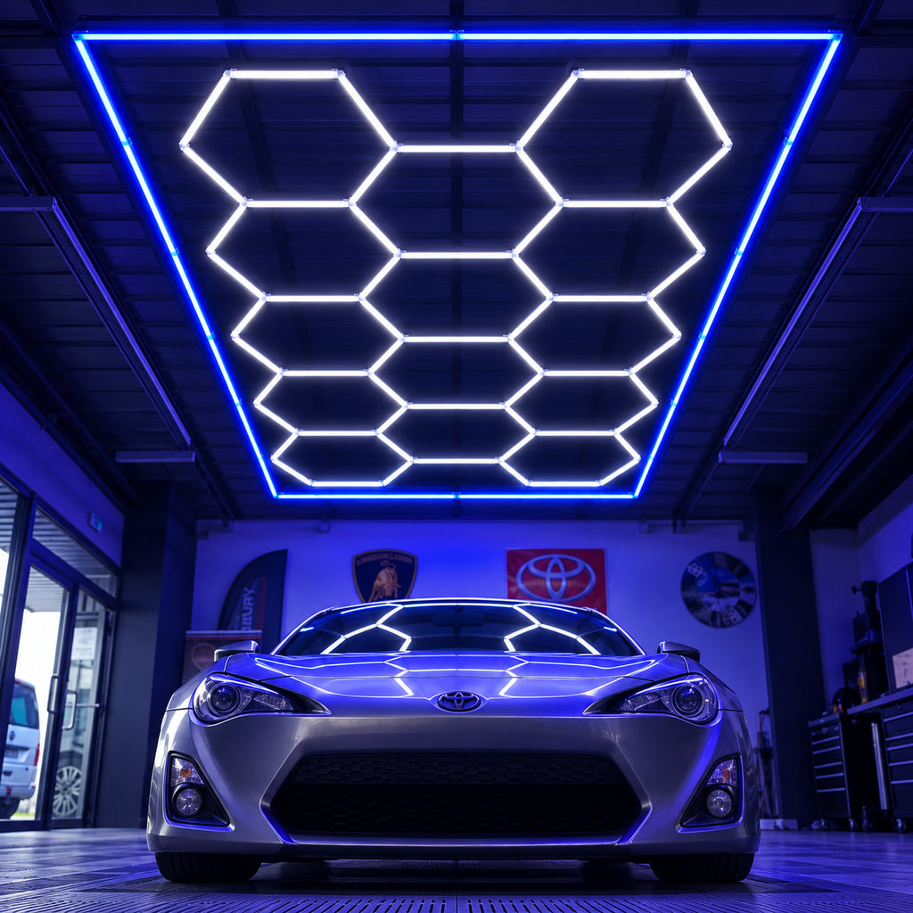 Hexagon LED Garage Lights – 14-Hexagon Kit with Frame – 7.9 × 15.7 ft – 672 W