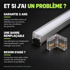 Garantie 5 ans selon conditions, éléments remplaçables individuellement et contact en cas de problème.