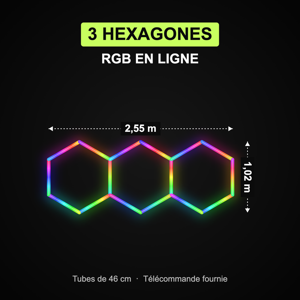 Dimensions du kit 3 hexagones RGB en ligne : 2,55 x 1,02 m