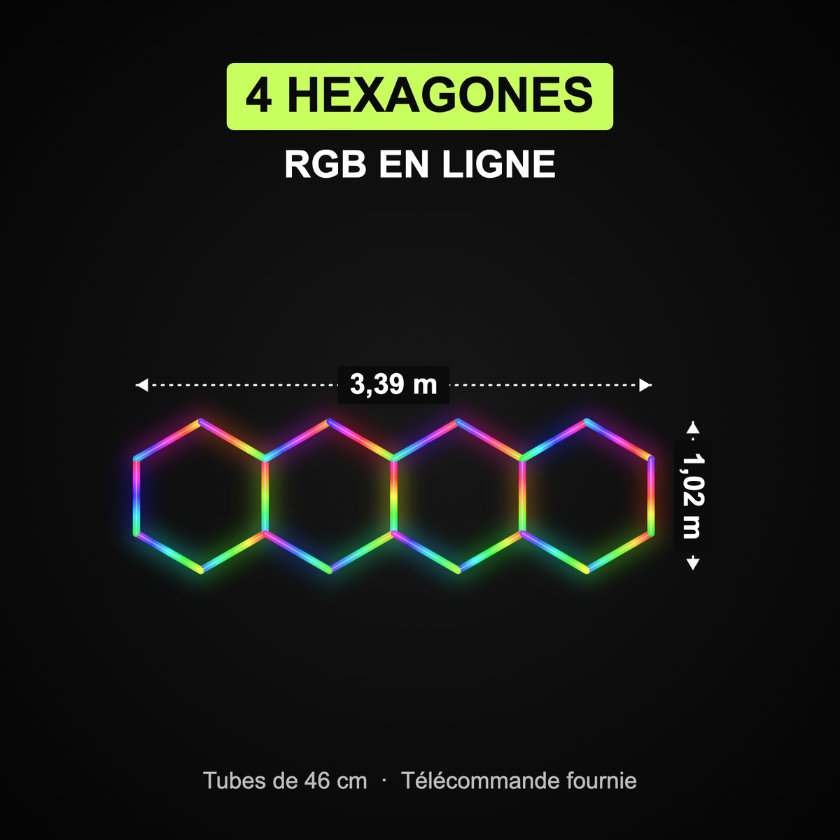 Dimensions du kit 4 hexagones RGB en ligne : 3,39 x 1,02 m